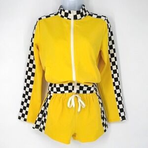 Hot & Delicious Yellow Checkered Racing Tracksuit Jacket and Shorts Set S NEW